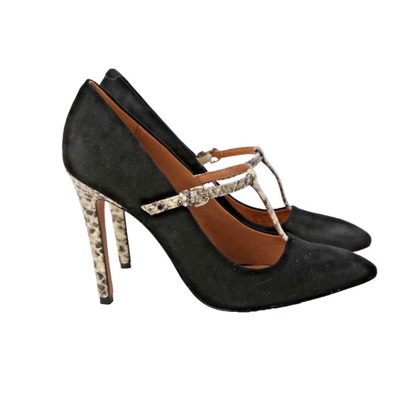 Coach Fulton Black Suede Snake Embossed Leather T-Strap Heels Pumps Size 8.5 B - Picture 2 of 16